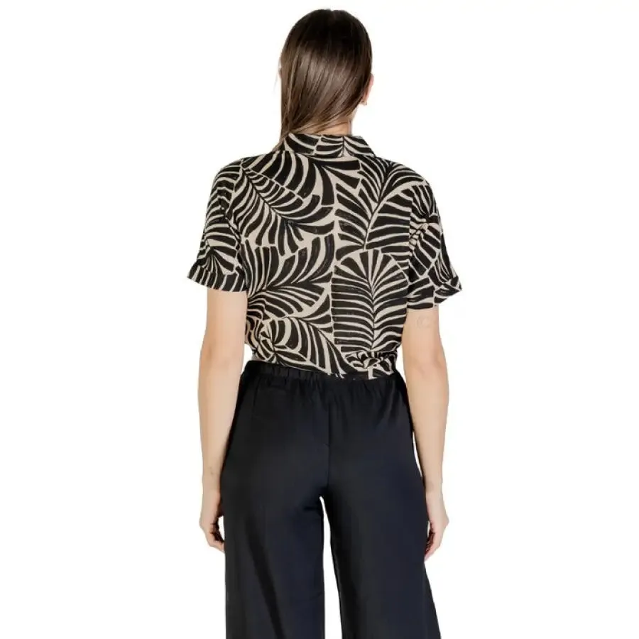 Patterned Tie Front Shirt and Dark Pants for Women
