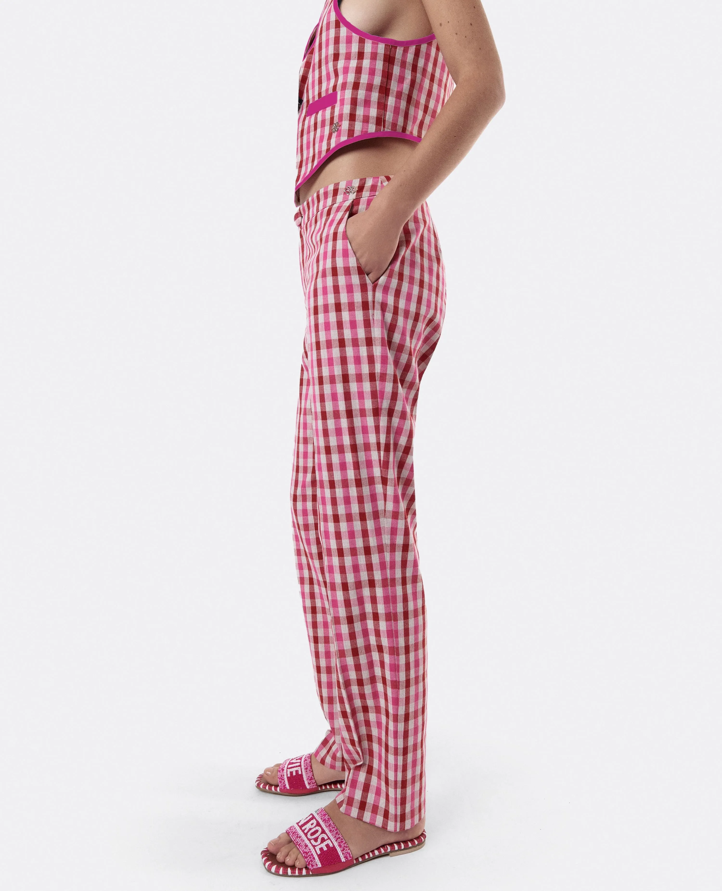 Pink Checked Suit Pants with Pockets