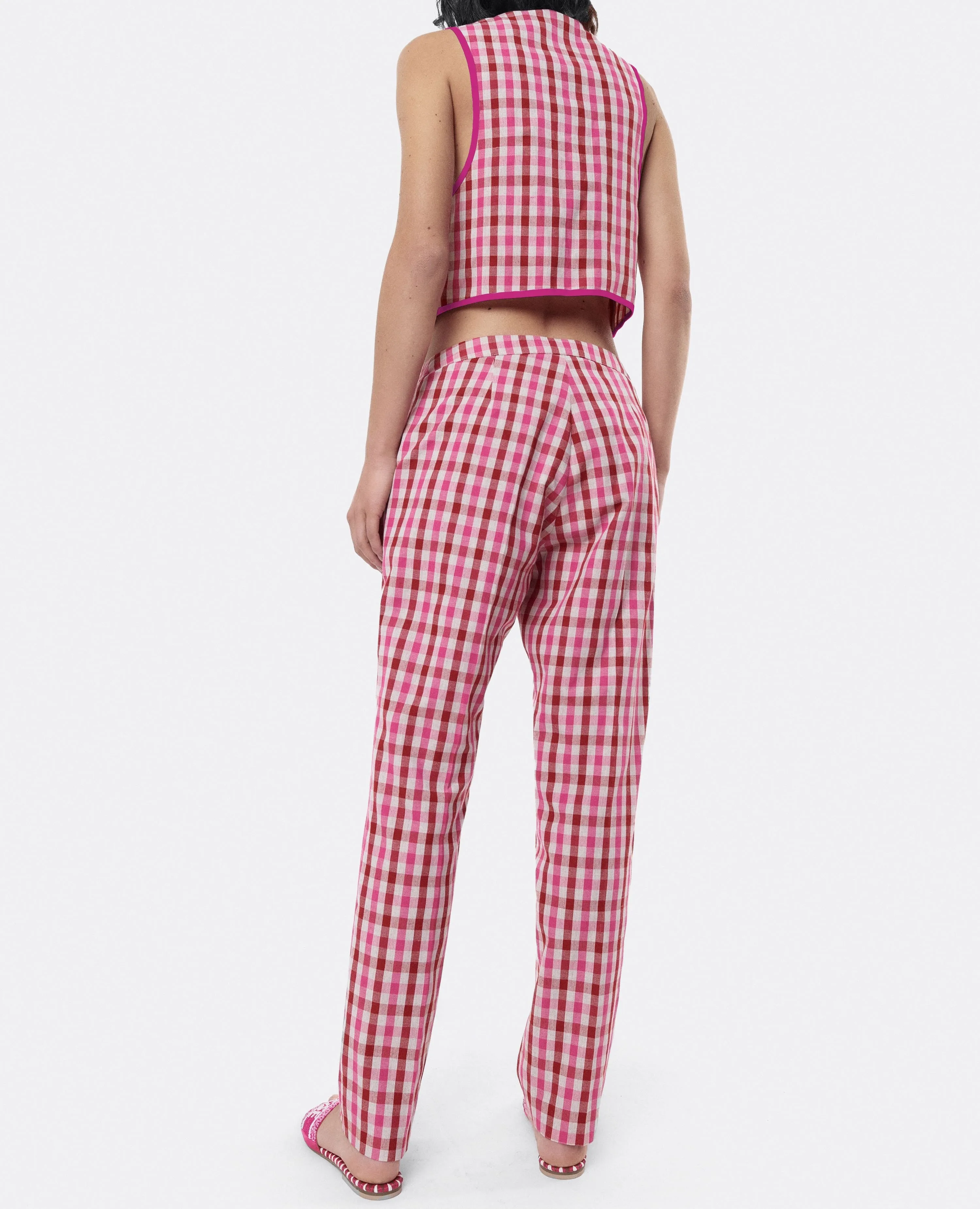 Pink Checked Suit Pants with Pockets