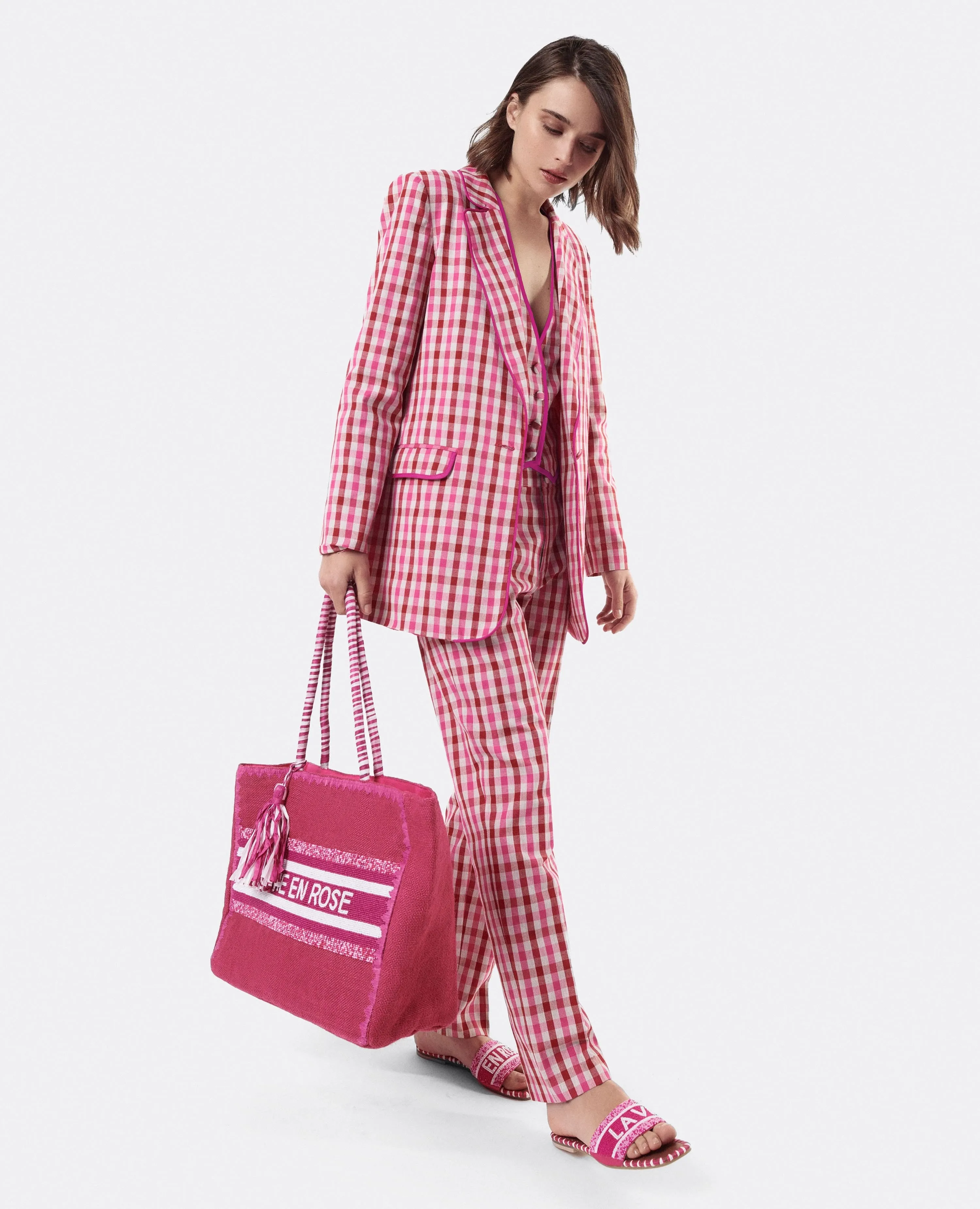 Pink Checked Suit Pants with Pockets
