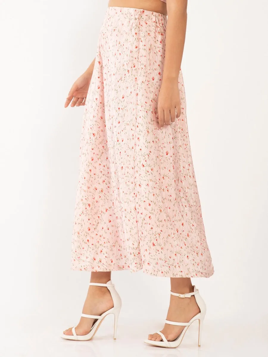 Pink Floral Print Pleated Skirt