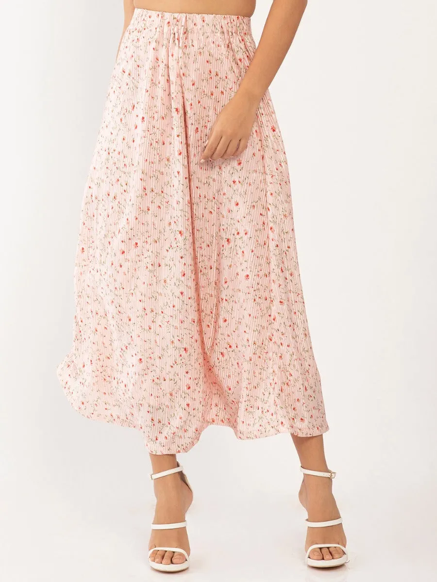 Pink Floral Print Pleated Skirt