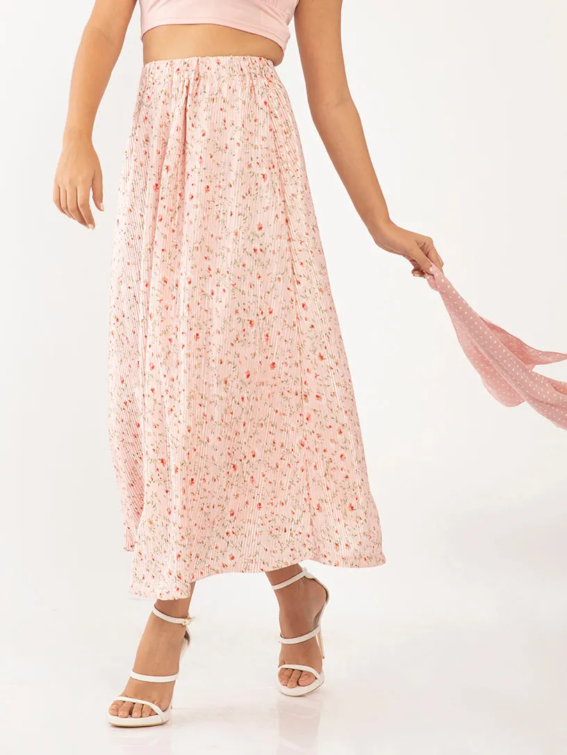 Pink Floral Print Pleated Skirt