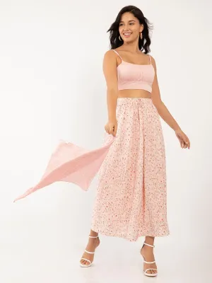 Pink Floral Print Pleated Skirt