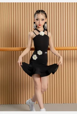 Pink Flowers Latin dance dresses for kids children girl black practice outfits performance costumes for girls