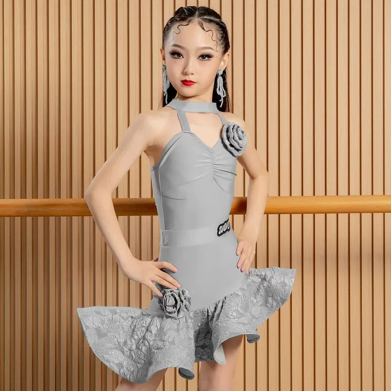 Pink Flowers Latin dance dresses for kids children girl black practice outfits performance costumes for girls