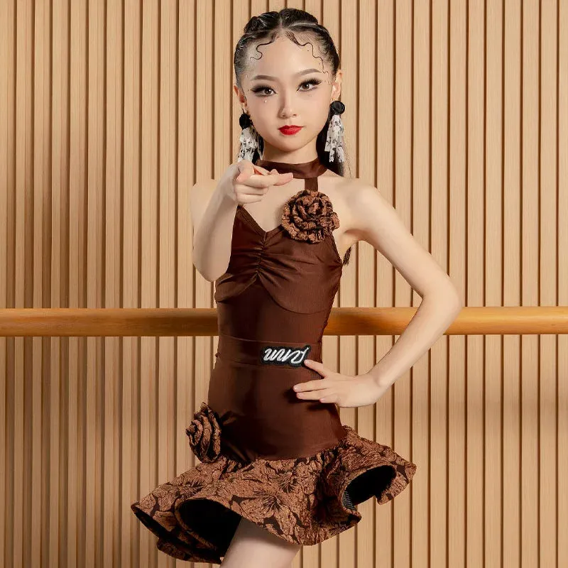 Pink Flowers Latin dance dresses for kids children girl black practice outfits performance costumes for girls