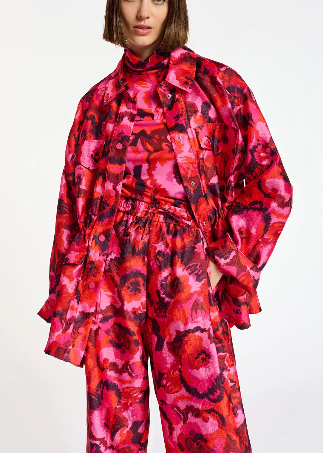 Pink, red and purple floral-jacquard jacket