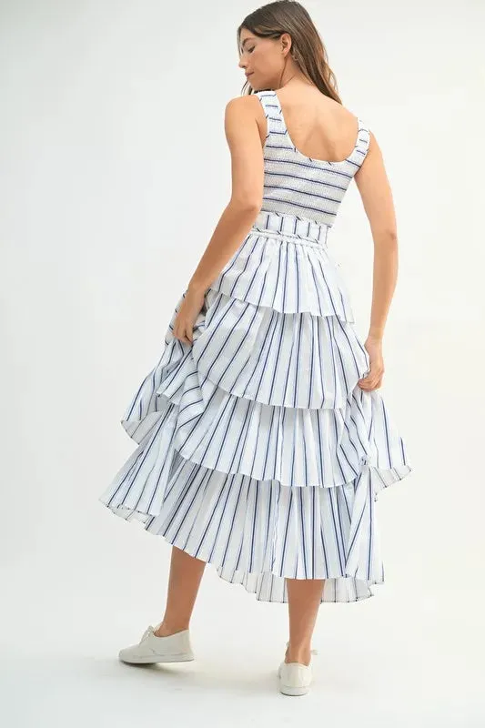 Pinstripe Smocked Bodice Layered Midi Dress – Chic & Versatile