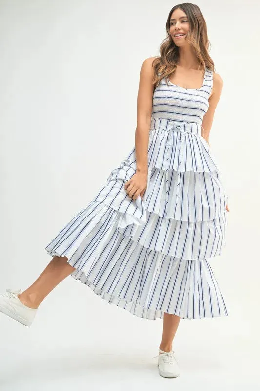 Pinstripe Smocked Bodice Layered Midi Dress – Chic & Versatile