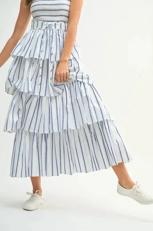 Pinstripe Smocked Bodice Layered Midi Dress – Chic & Versatile