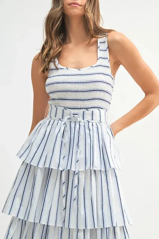 Pinstripe Smocked Bodice Layered Midi Dress – Chic & Versatile