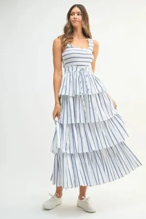 Pinstripe Smocked Bodice Layered Midi Dress – Chic & Versatile