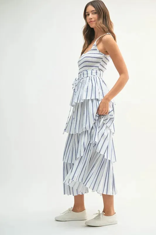 Pinstripe Smocked Bodice Layered Midi Dress – Chic & Versatile