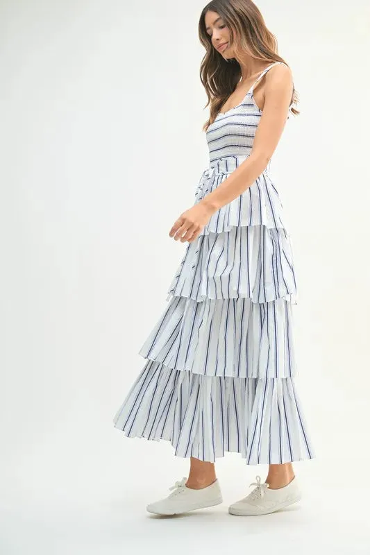 Pinstripe Smocked Bodice Layered Midi Dress – Chic & Versatile