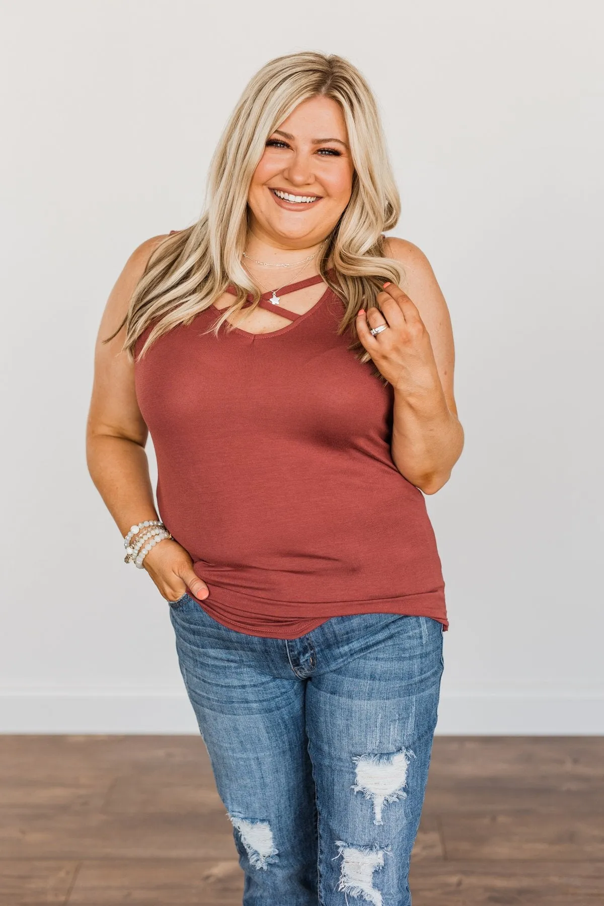 Places to Go Criss-Cross Tank Top- Brick