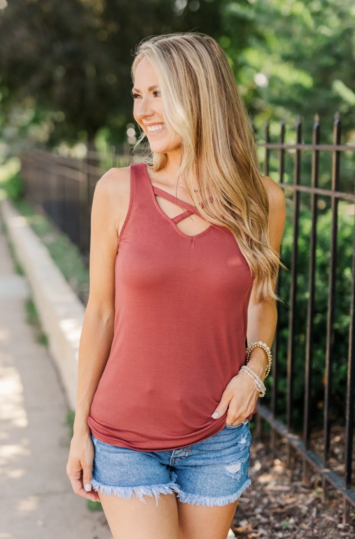 Places to Go Criss-Cross Tank Top- Brick