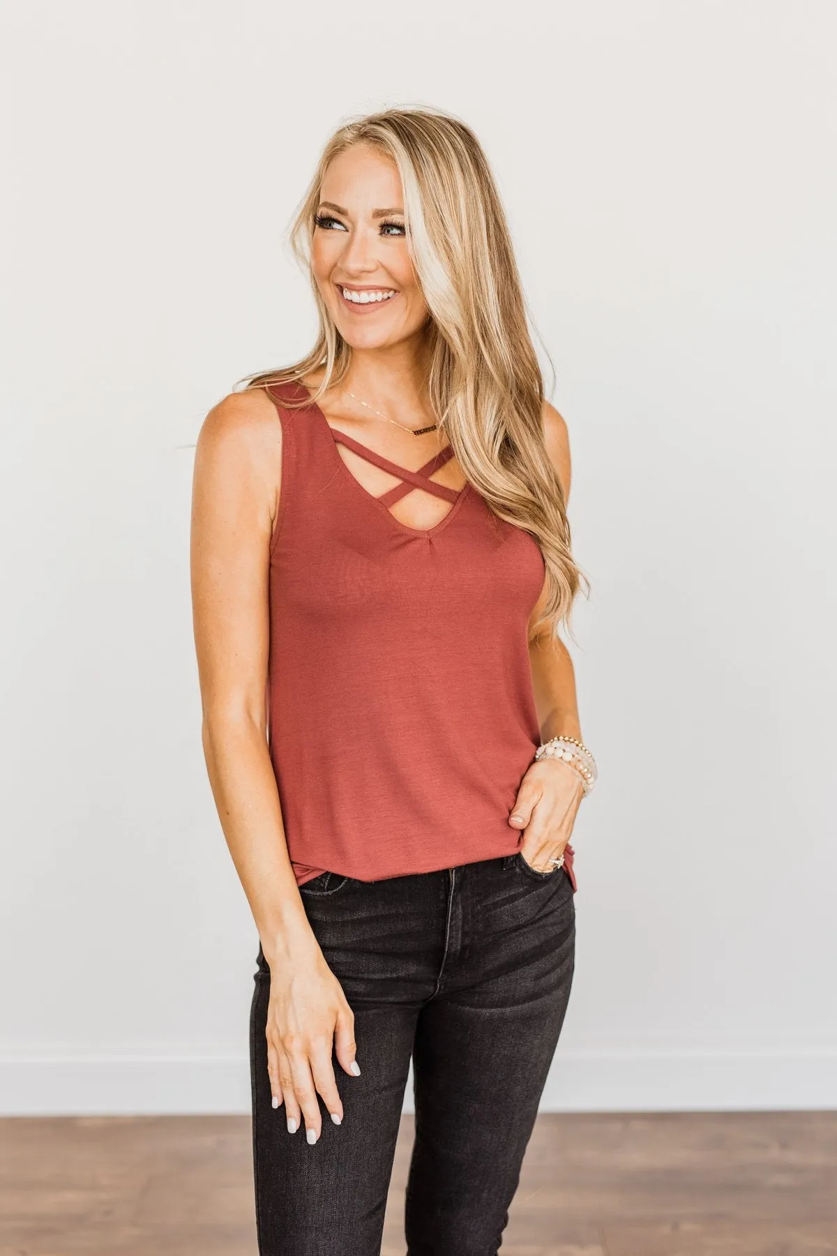 Places to Go Criss-Cross Tank Top- Brick