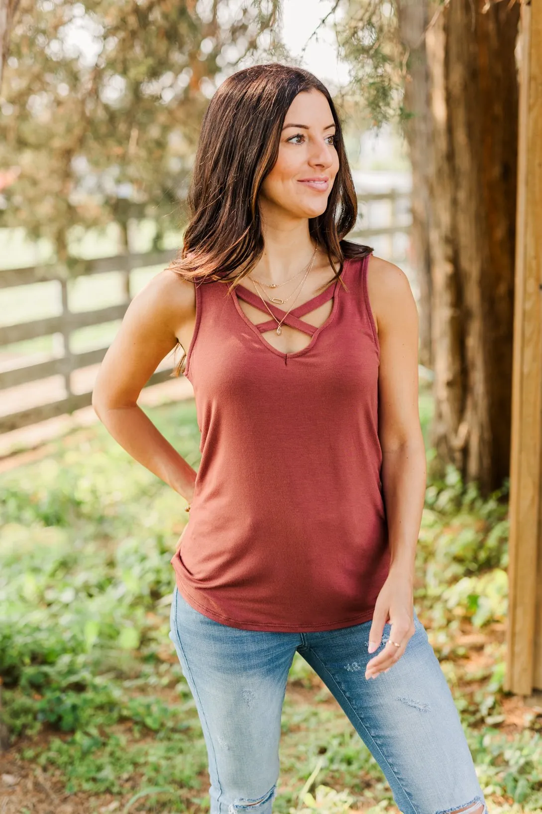 Places to Go Criss-Cross Tank Top- Brick