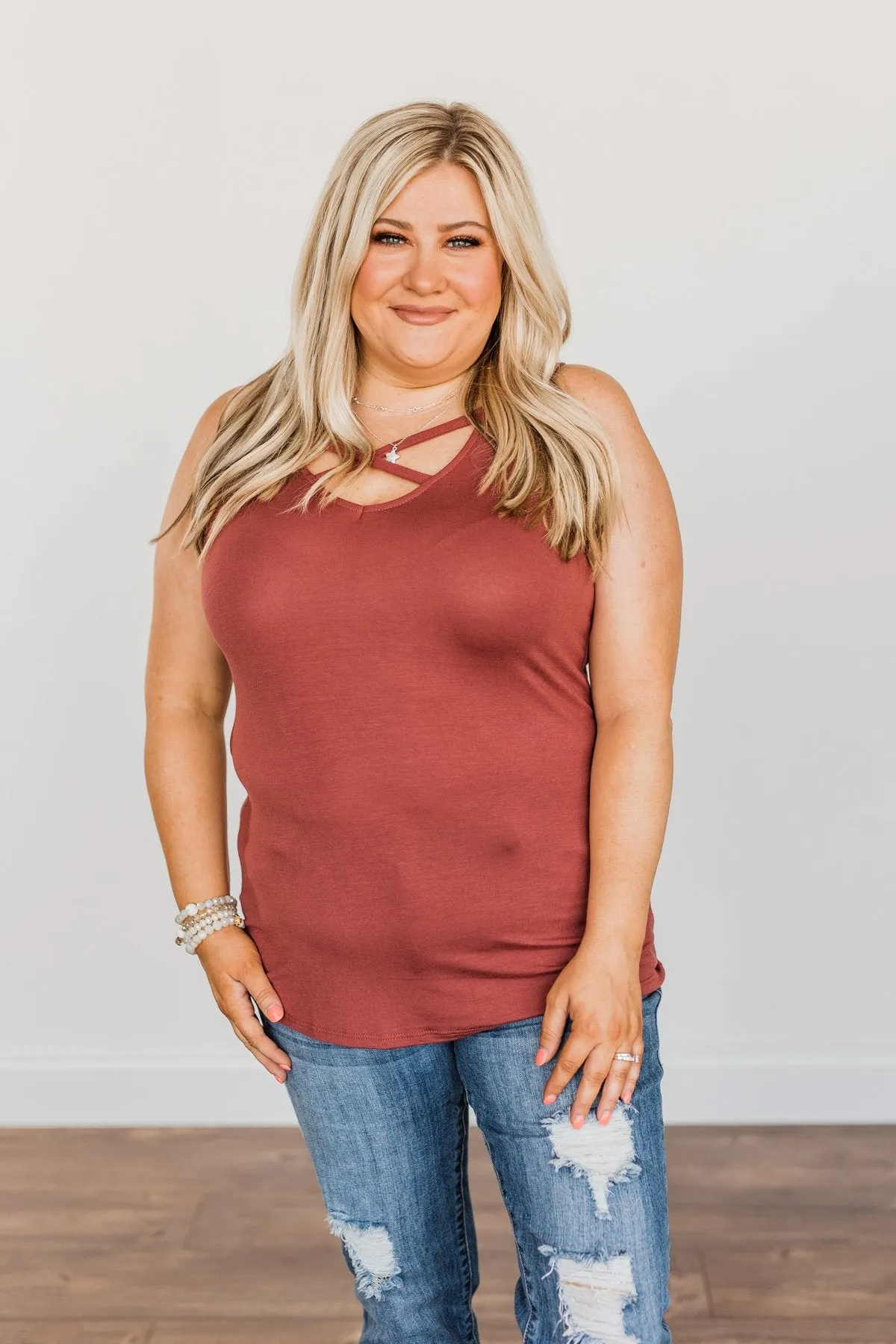 Places to Go Criss-Cross Tank Top- Brick