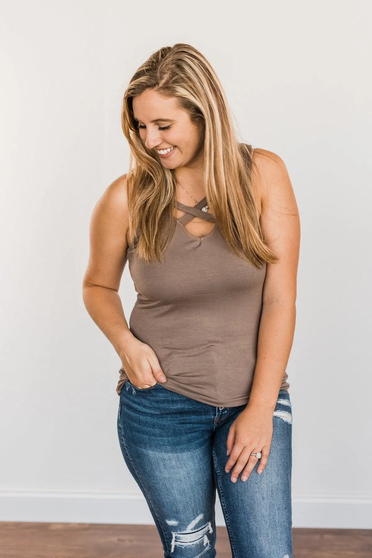 Places to Go Criss-Cross Tank Top- Mocha