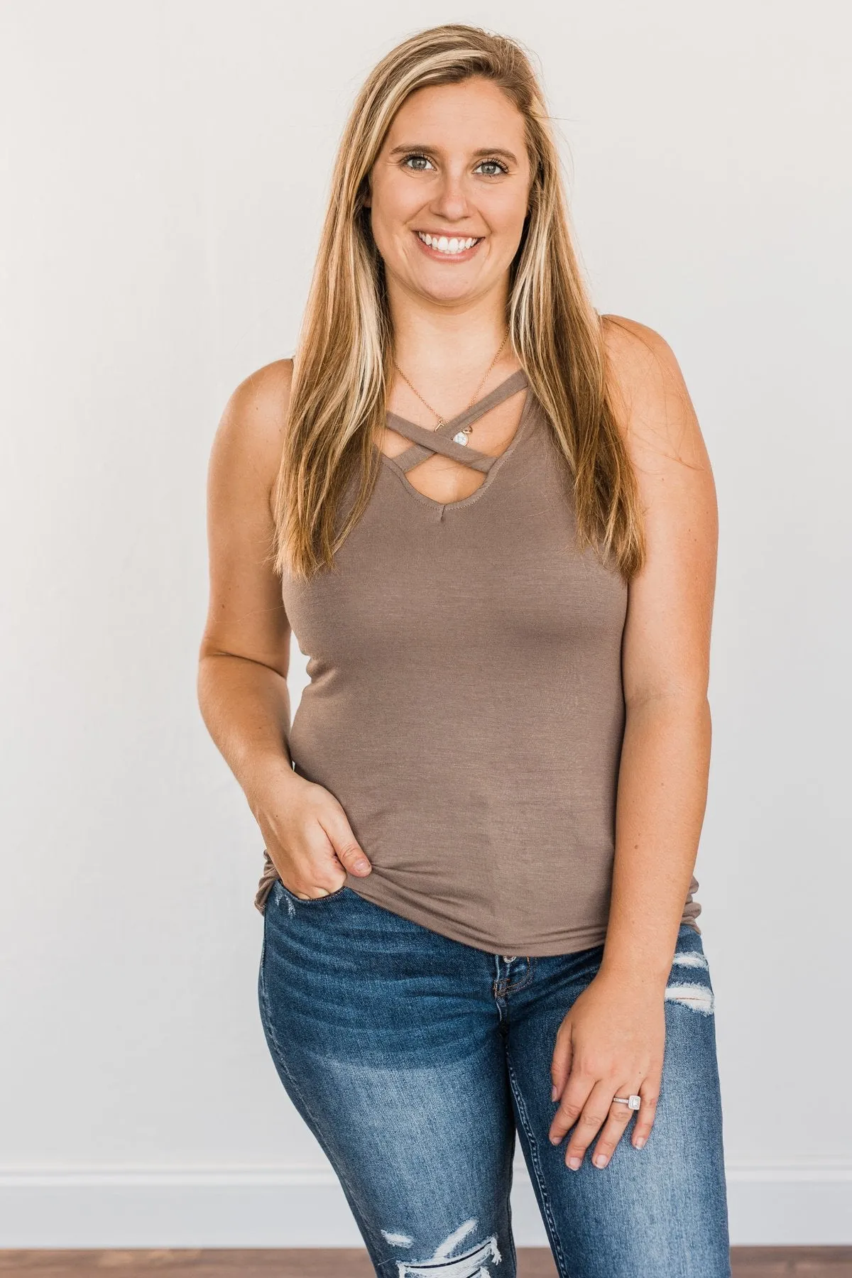 Places to Go Criss-Cross Tank Top- Mocha