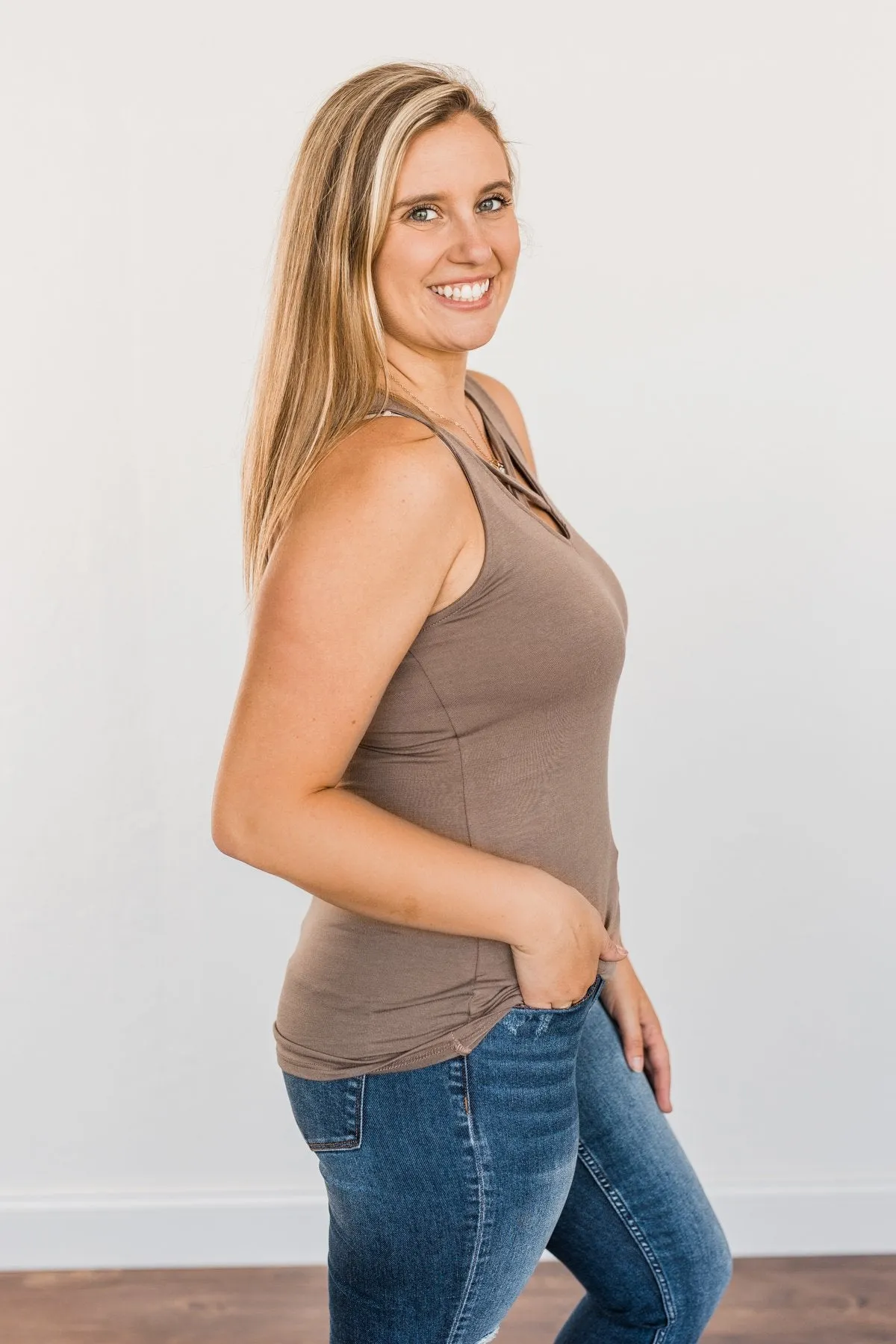 Places to Go Criss-Cross Tank Top- Mocha