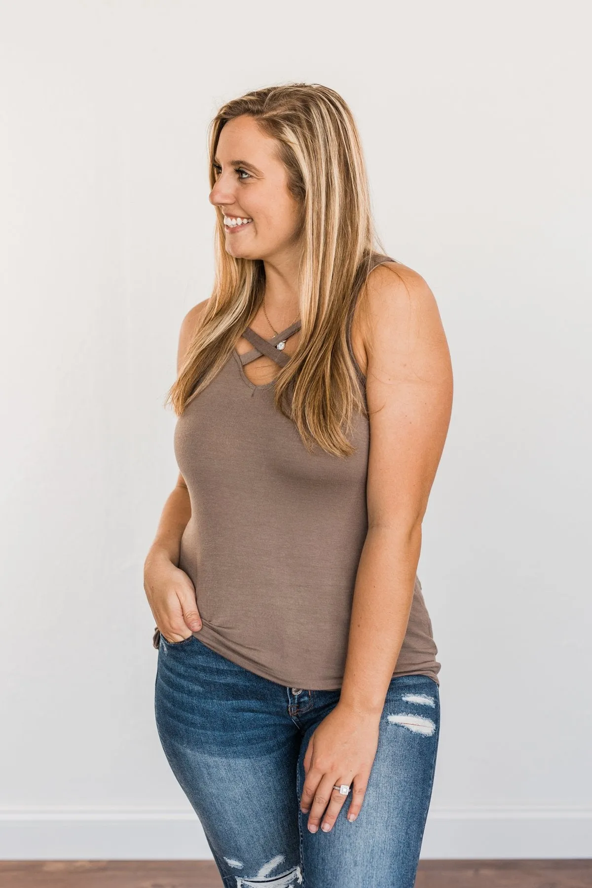 Places to Go Criss-Cross Tank Top- Mocha