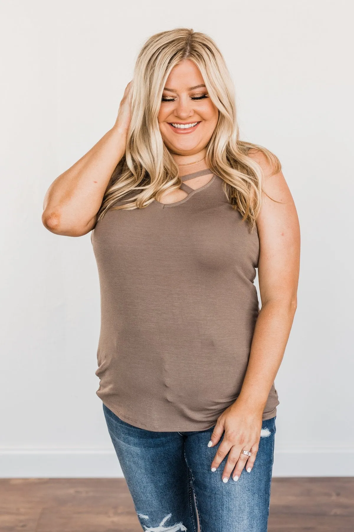 Places to Go Criss-Cross Tank Top- Mocha