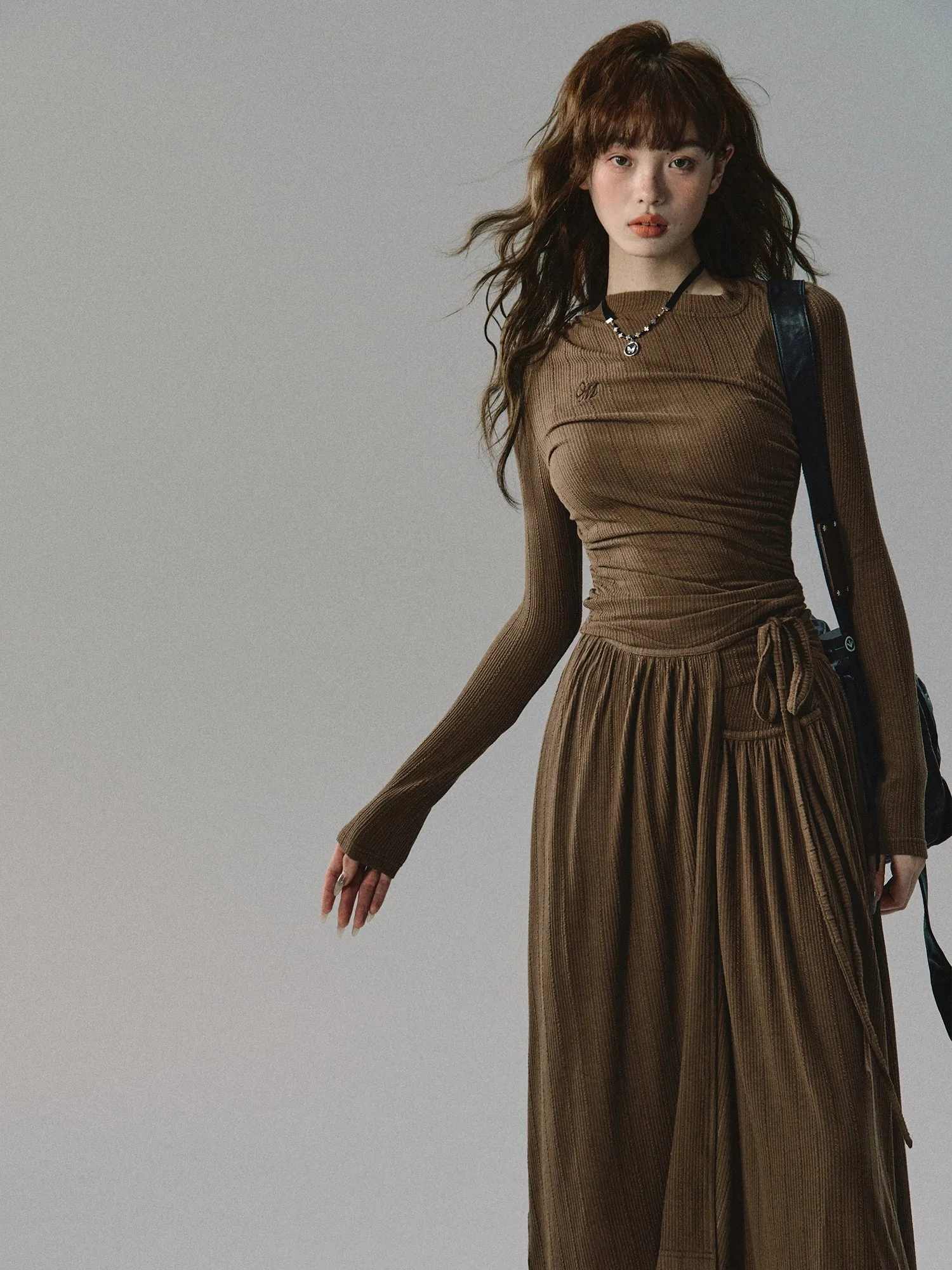 Plain Chic Tight Flare Simple Knit＆Long-Skirt