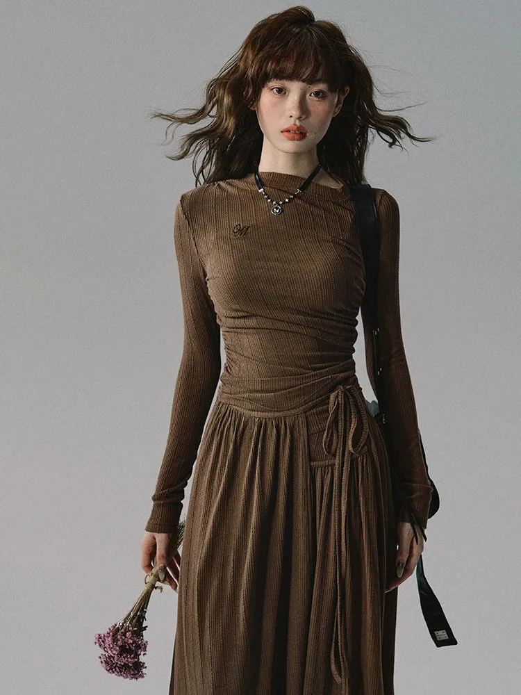 Plain Chic Tight Flare Simple Knit＆Long-Skirt