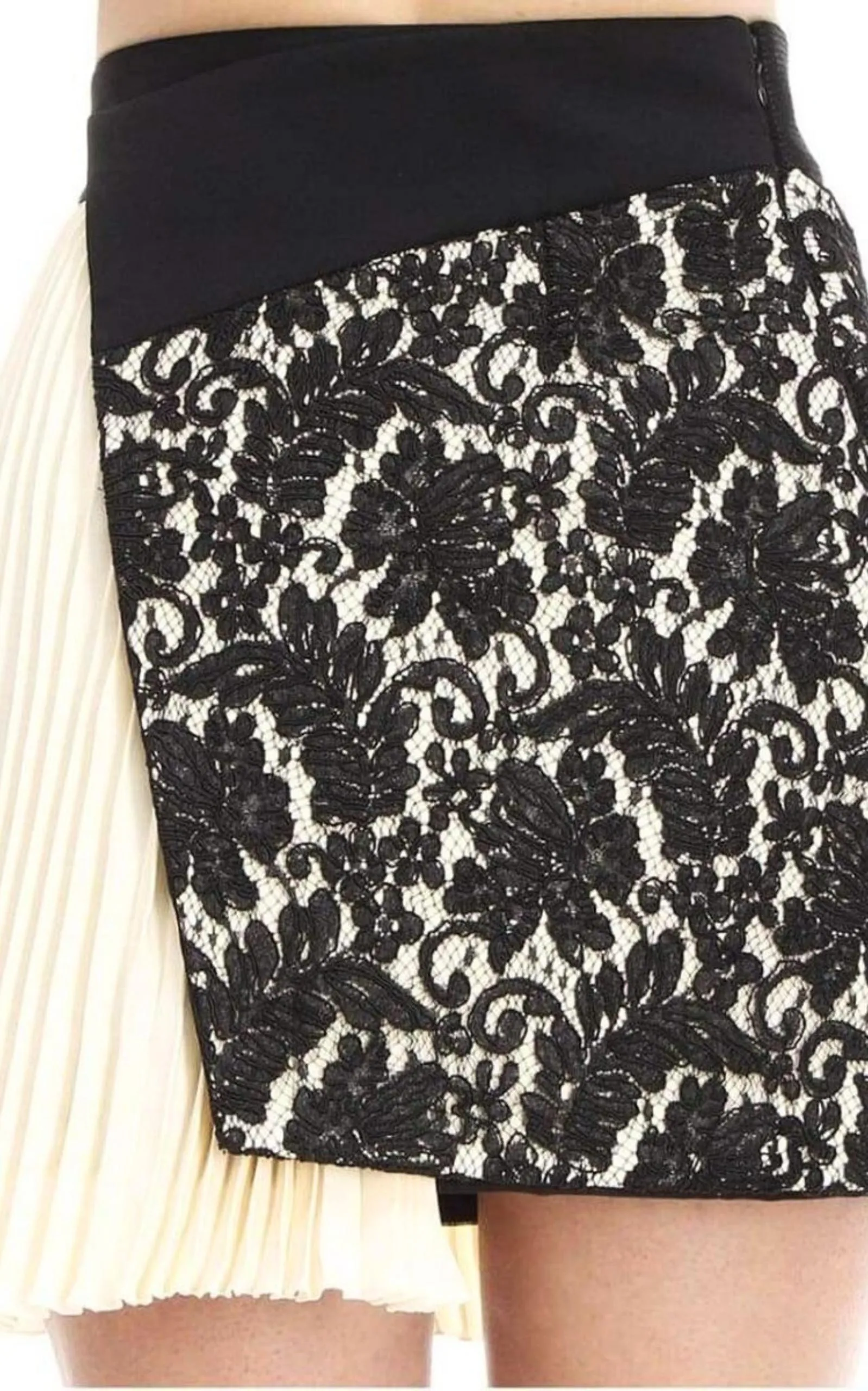 Pleated Panel Asymmetric Lace Silk Skirt