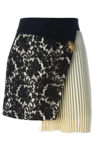 Pleated Panel Asymmetric Lace Silk Skirt