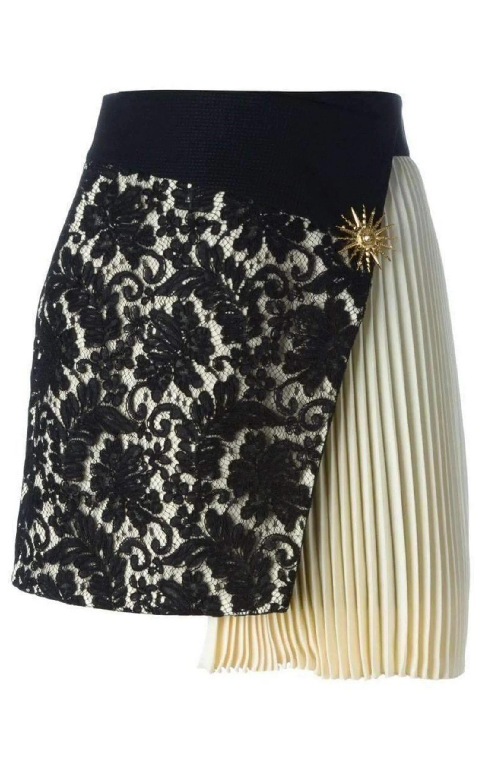 Pleated Panel Asymmetric Lace Silk Skirt