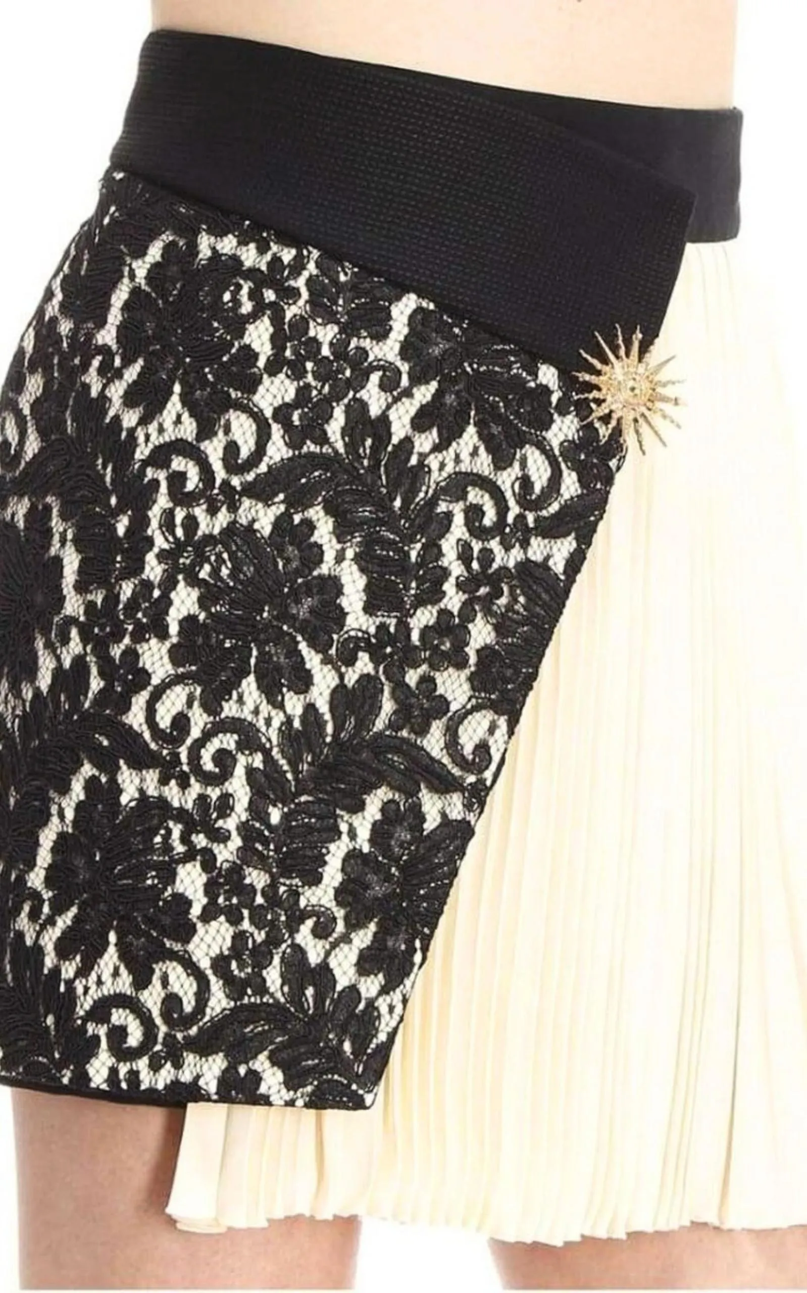 Pleated Panel Asymmetric Lace Silk Skirt