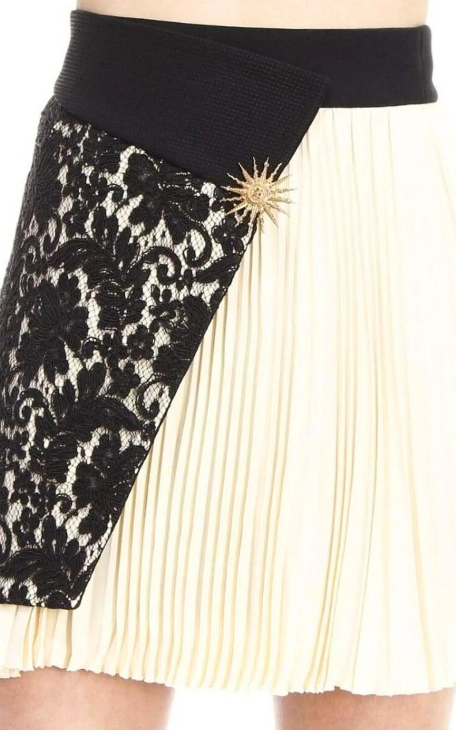 Pleated Panel Asymmetric Lace Silk Skirt