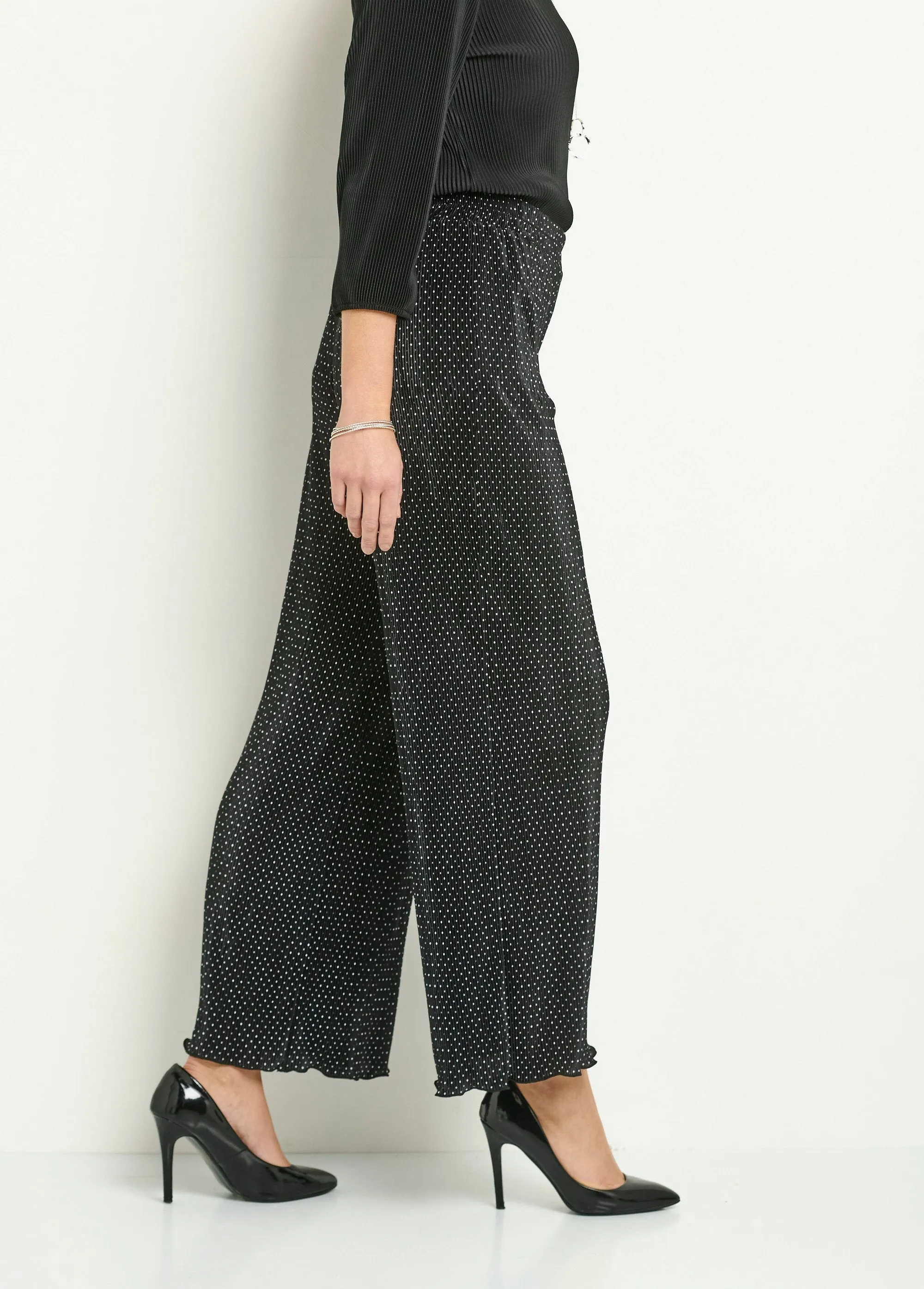 Pleated polka dot elasticated wide leg pants