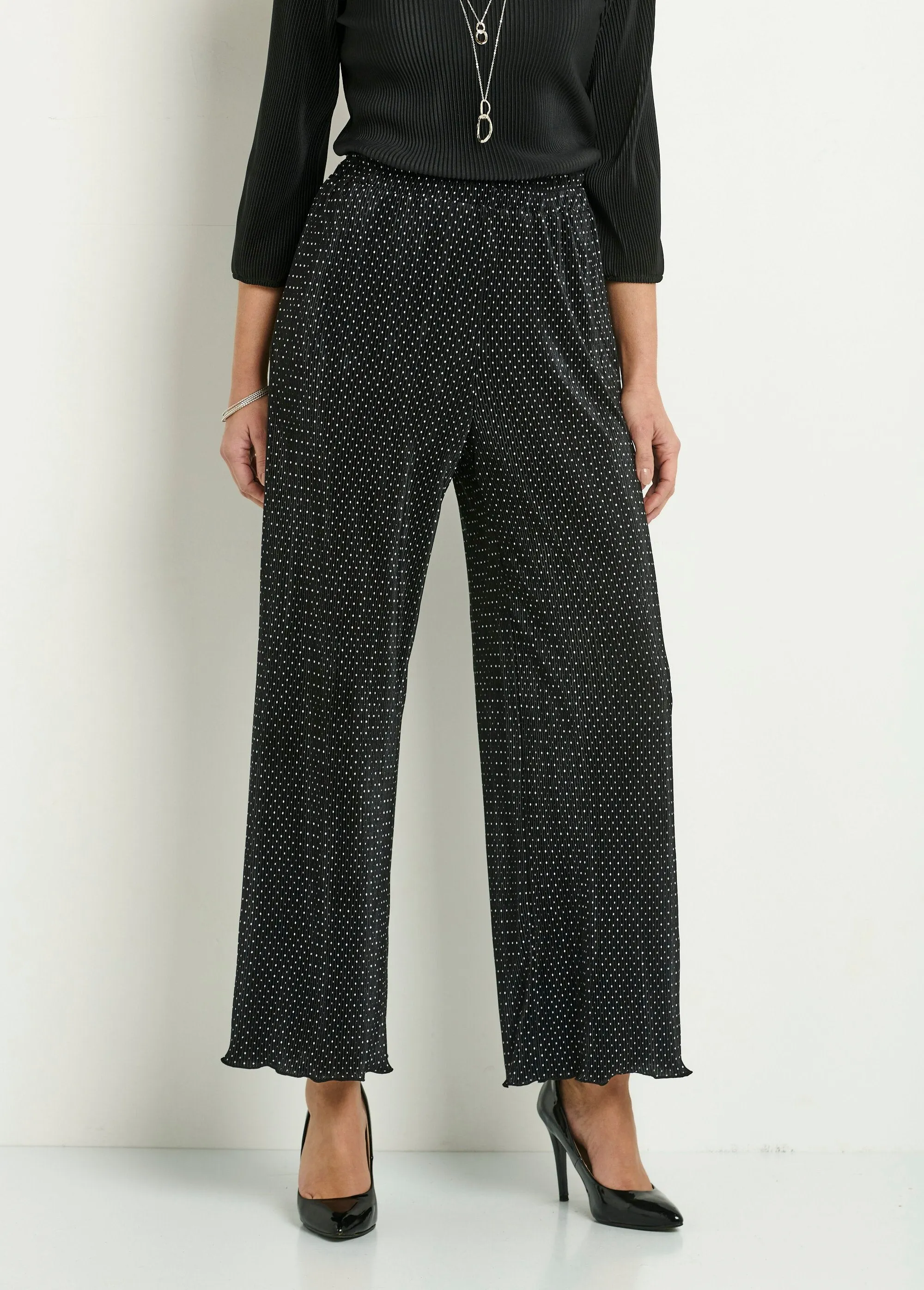 Pleated polka dot elasticated wide leg pants