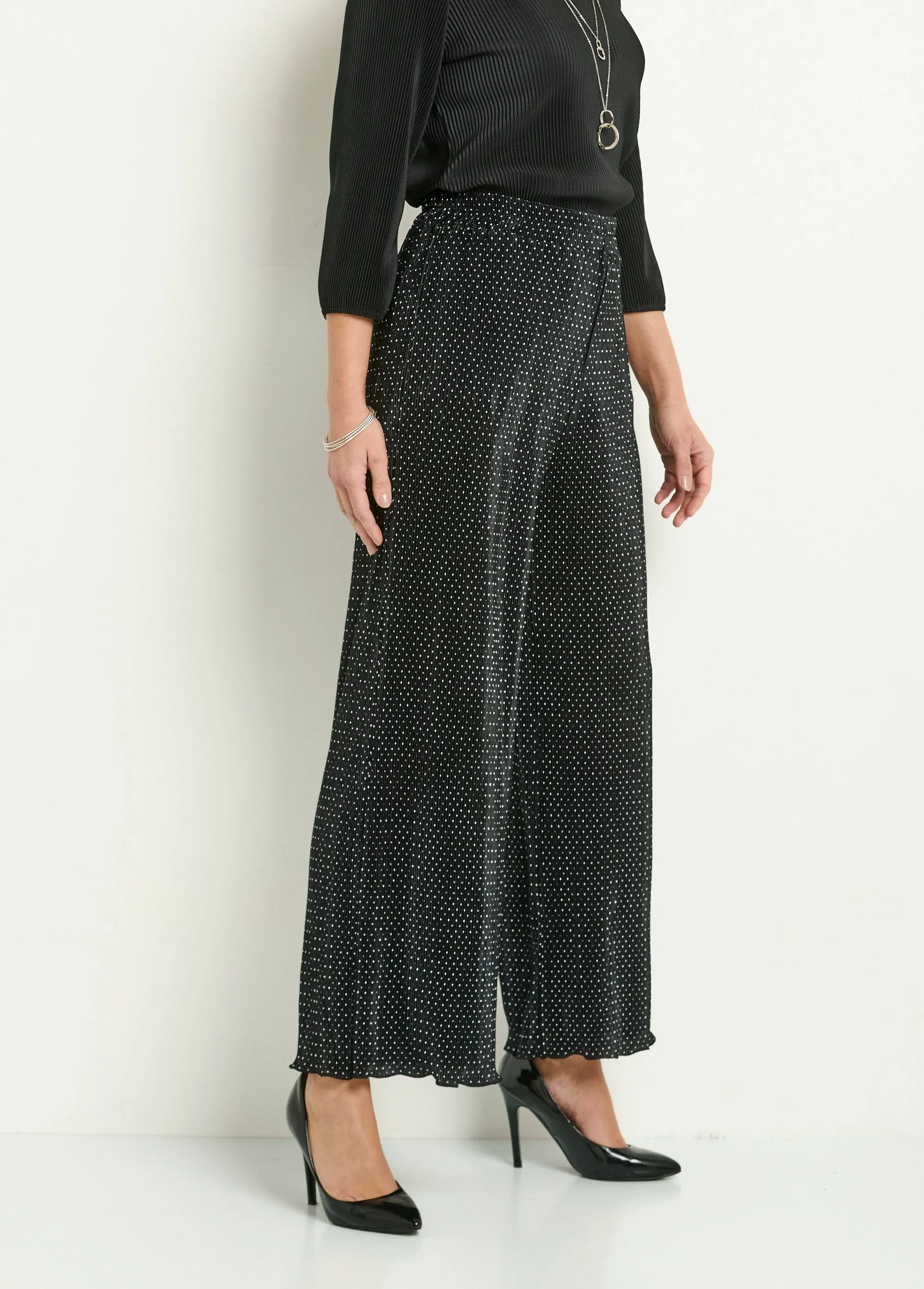 Pleated polka dot elasticated wide leg pants