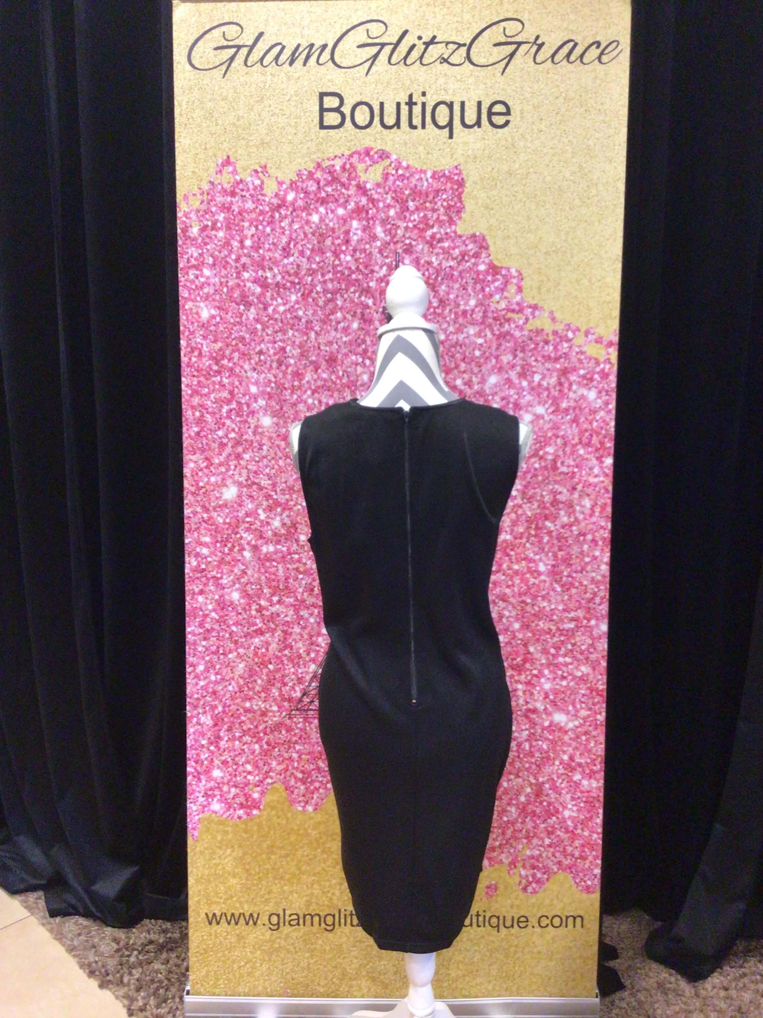 Plus Size Black No Sleeves V-cut Dress With Bling across Waist