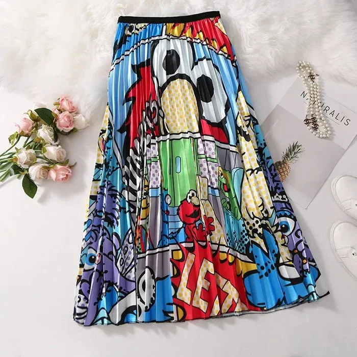 Plus Size Cartoon Print Midi Pleated Skirts