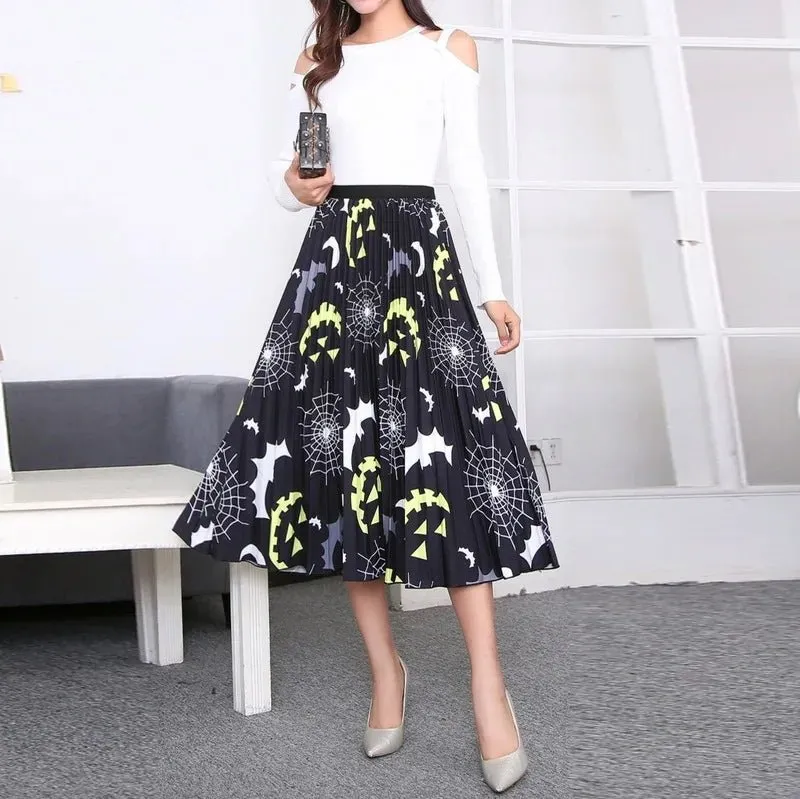Plus Size Cartoon Print Midi Pleated Skirts