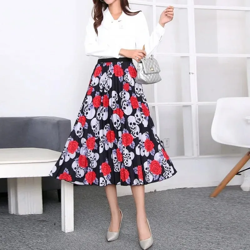 Plus Size Cartoon Print Midi Pleated Skirts