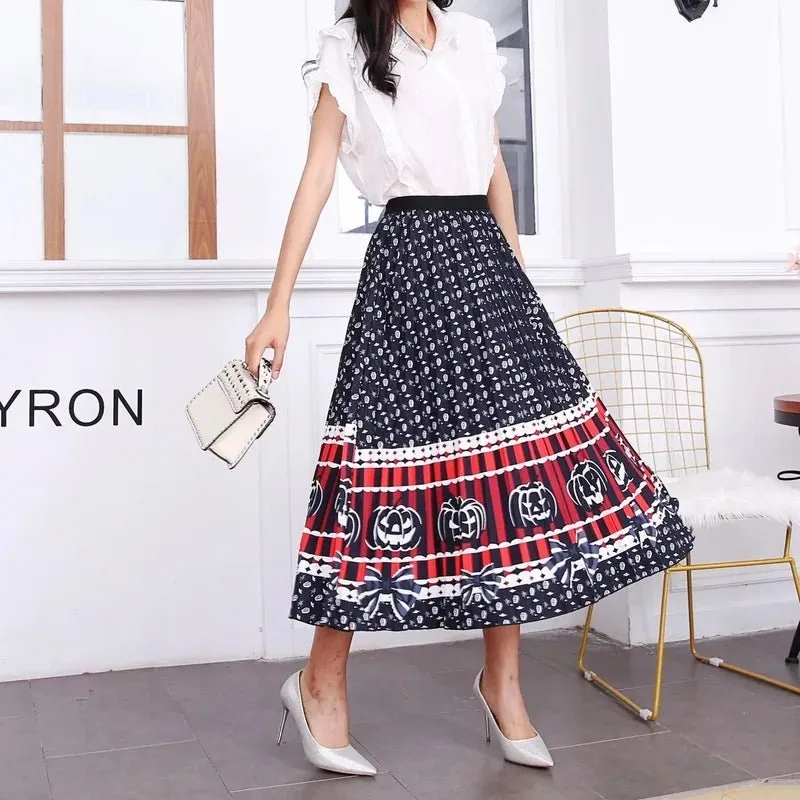 Plus Size Cartoon Print Midi Pleated Skirts