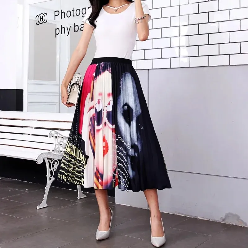 Plus Size Cartoon Print Midi Pleated Skirts