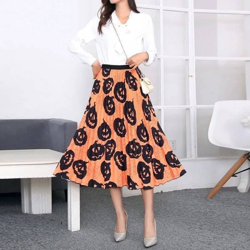 Plus Size Cartoon Print Midi Pleated Skirts