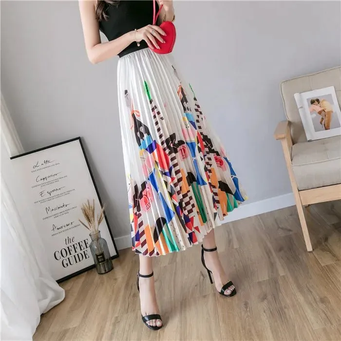 Plus Size Cartoon Print Midi Pleated Skirts