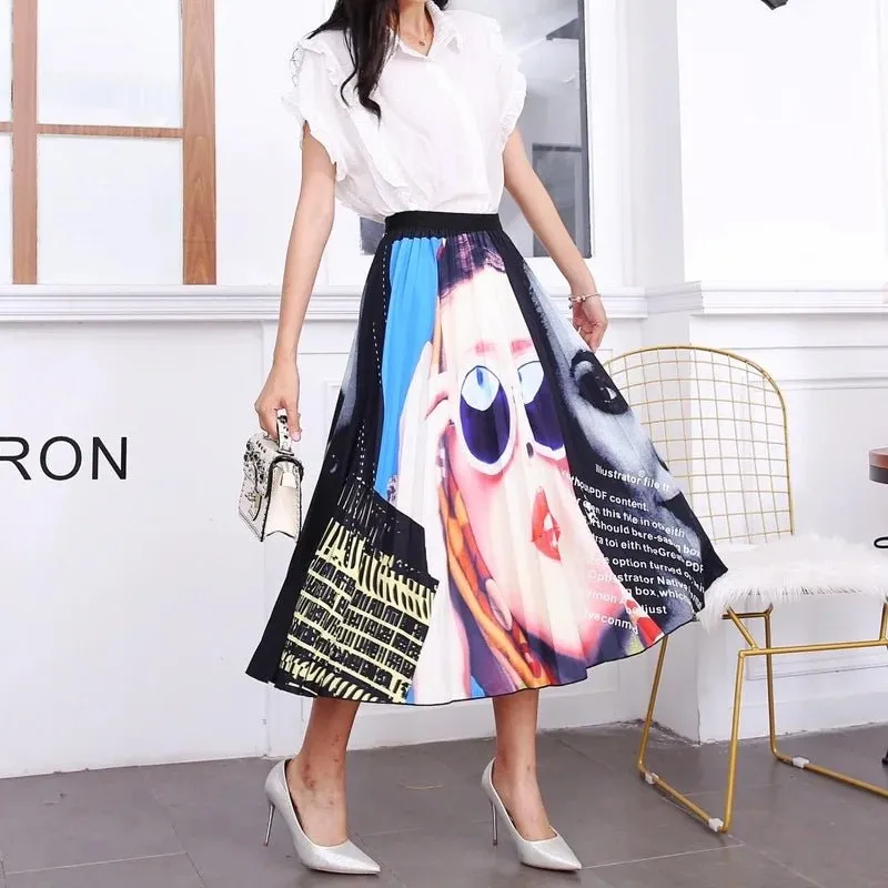 Plus Size Cartoon Print Midi Pleated Skirts