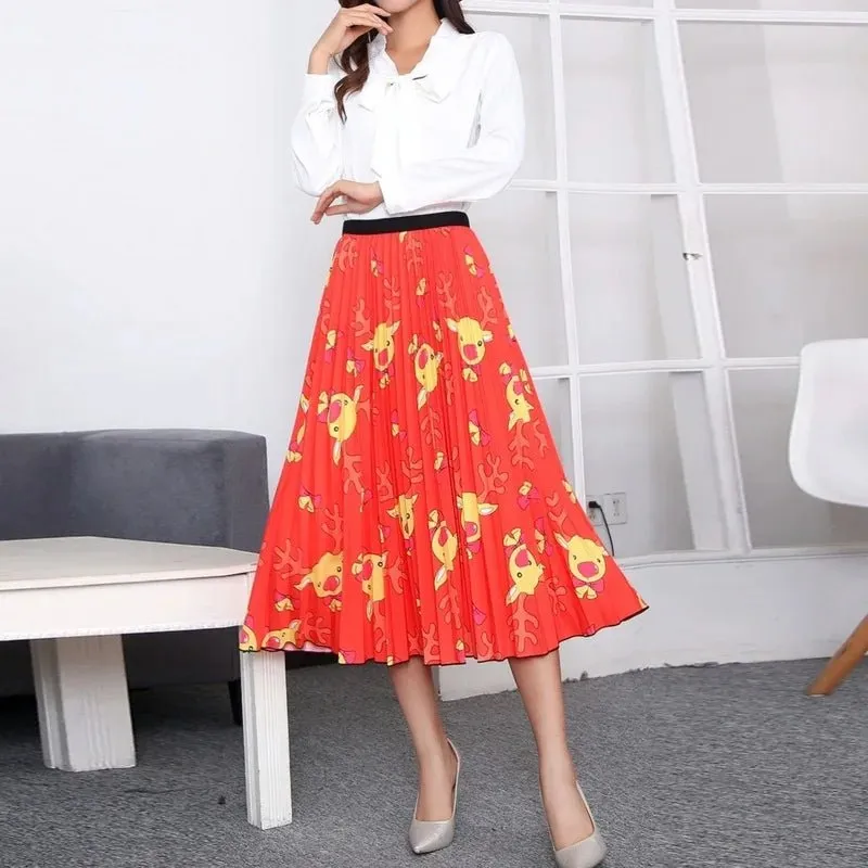 Plus Size Cartoon Print Midi Pleated Skirts