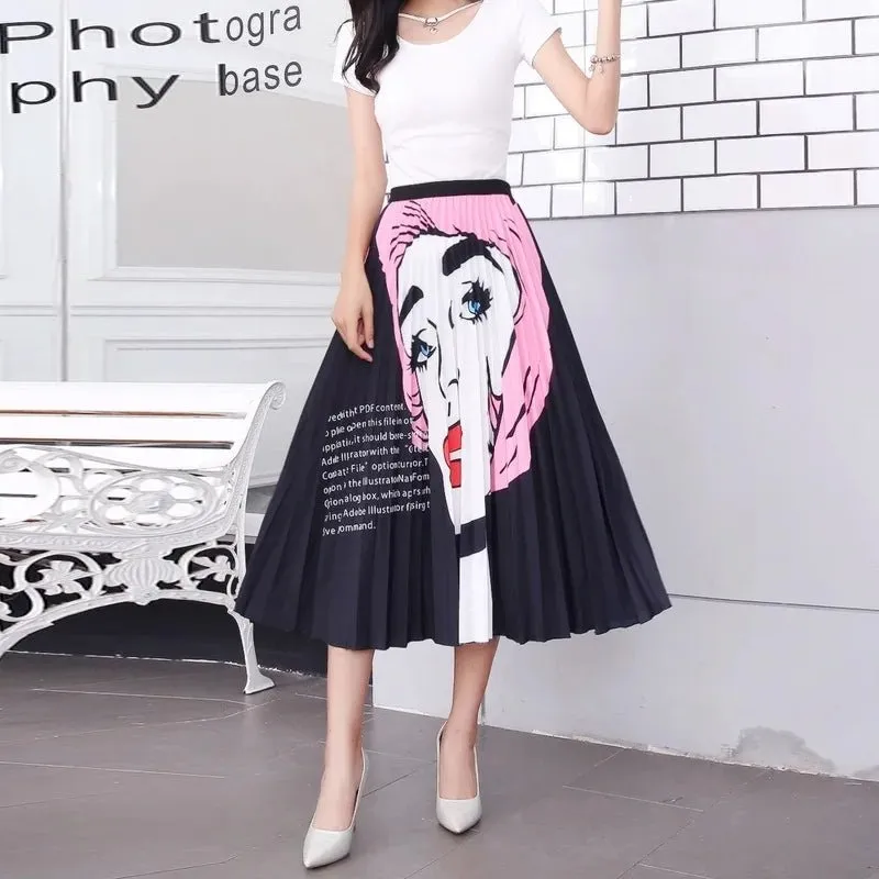 Plus Size Cartoon Print Midi Pleated Skirts